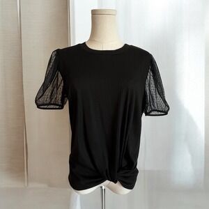 Lily White Womens Black Ribbed‎ Twist Front Top Sheer Mesh Puff Sleeve Size M